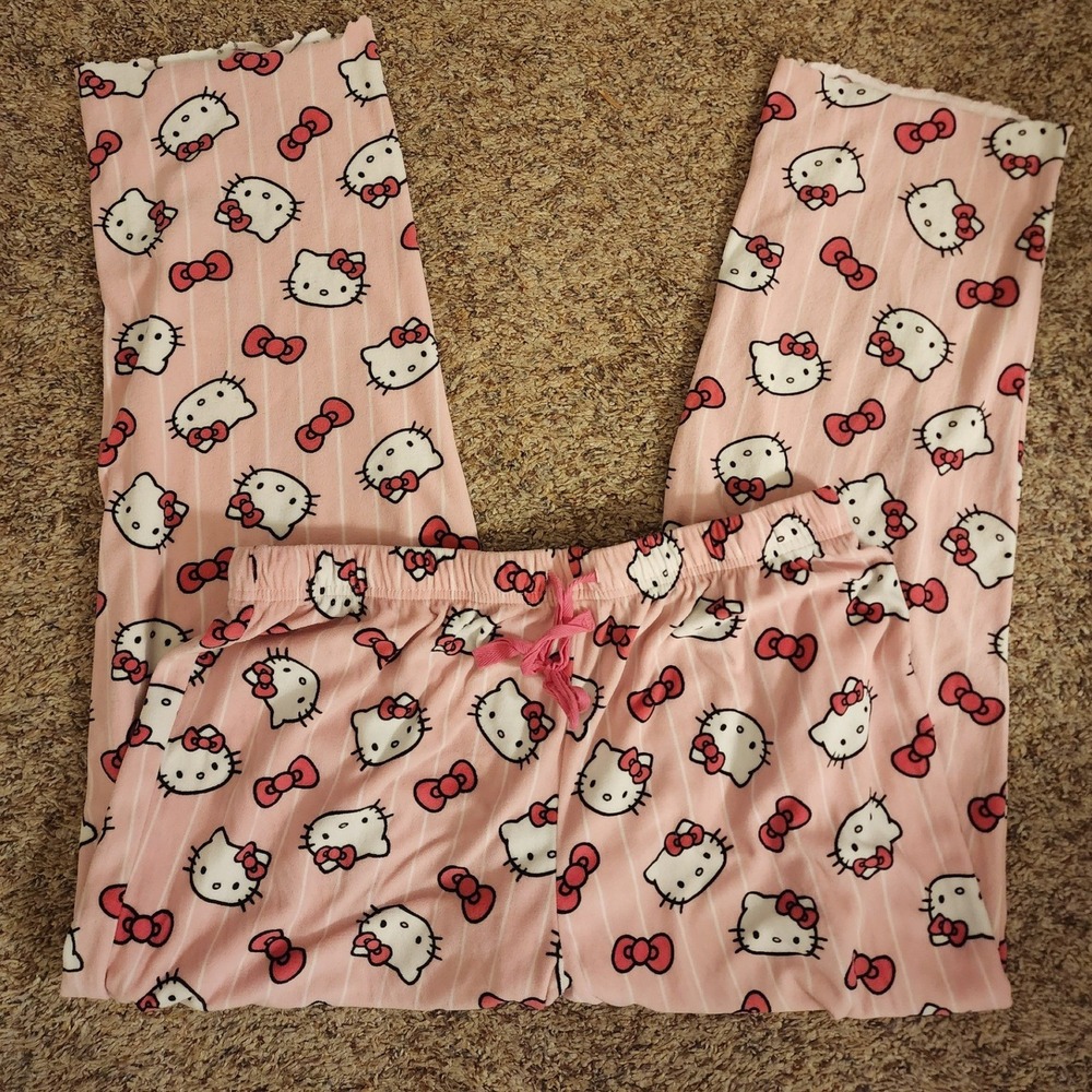 Hello Kitty Sanrio Pink Pajama Pants Character Print Bows Womens Size Medium